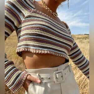 Altar’s State Sz S Layla Cropped Striped Crochet Sweater Retro 70s Boho Beachy